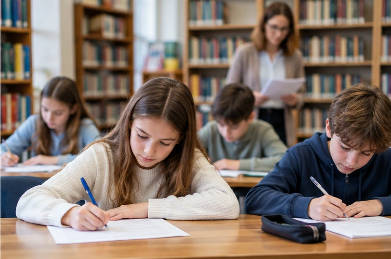 Uczniowie piszący konkurs w bibliotece szkolnej
