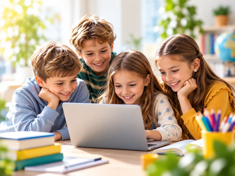 Uczniowie wspólnie uczący się przy laptopie
